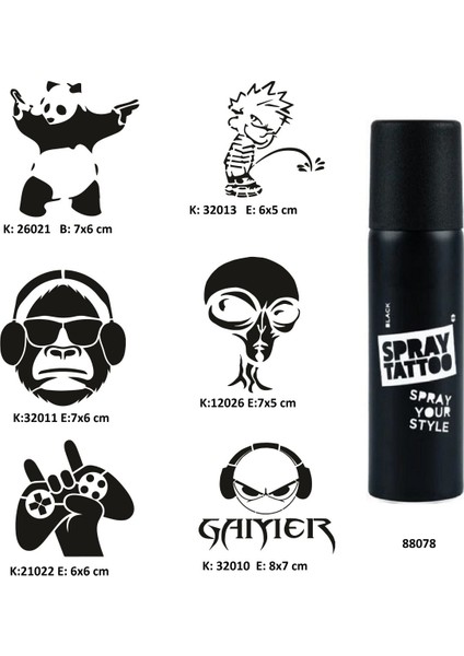 Çılgın Oyuncu Spray Tattoo Geçici Dövme Seti Dark Sprey Dövme Kiti