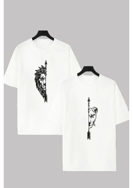 Kadın Erkek Dişi ve Erkek Aslan Çiftler Sevgili Çift Kombini Tasarım Oversize T-Shirt 2'li Takım