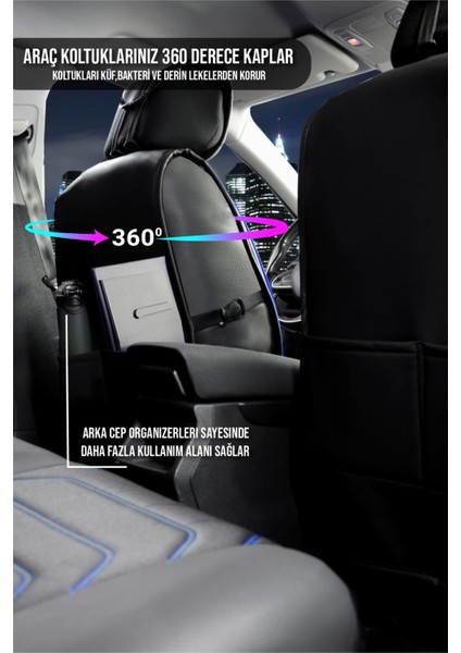 peugeot 107 Lüx Uyumlu Deri Oto Koltuk Kılıfı 5'li Set Tam Takım Lıne Siyah Mavi