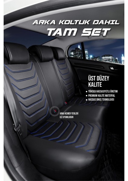 renault Latitude Lüx Uyumlu Deri Oto Koltuk Kılıfı 5'li Set Tam Takım Lıne Siyah Mavi