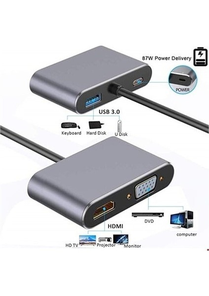 FC-02 Macbook Uyumlu Type-C To USB 3.0 1080P Hd 4K HDMI VGA Pd Aux Ses Girişli Çevirici Hub Adaptör