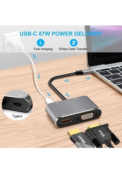 FC-02 Macbook Uyumlu Type-C To USB 3.0 1080P Hd 4K HDMI VGA Pd Aux Ses Girişli Çevirici Hub Adaptör