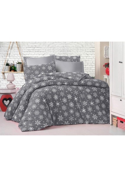 Çift Kişilik Ranforce Dokuma Lastikli Çarşaf Takımı Gri Kar Desen