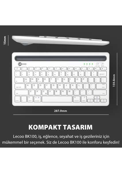 BK100 Çoklu Cihaz ile Uyumlu Şarj Edilebilir Kablosuz Bluetooth Türkçe Q Klavye Beyaz