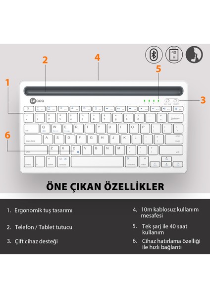 BK100 Çoklu Cihaz ile Uyumlu Şarj Edilebilir Kablosuz Bluetooth Türkçe Q Klavye Beyaz