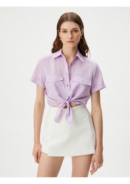 Önden Bağlamalı Gömlek Crop Düğmeli Cepli Viskon modelleri