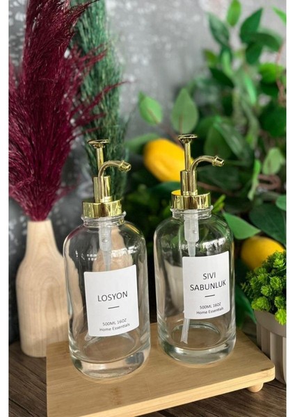 2’li Cam Sıvı Sabun ve Losyon Etiketli Gold Tıpalı Deterjan Şişesi Sabunluk 500 ml Gold - 2012014-G C1-1-289