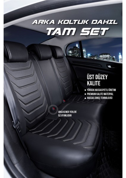 Jeep Comander Lüx Uyumlu Deri Oto Koltuk Kılıfı 5'li Set Tam Takım Lıne Siyah Beyaz