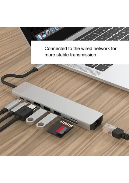 8 in 1 Type C to 2 Port USB 3.0 2 SD Kart TF Kart HDMI RJ45 2PD Kablolu Adaptör iphone 15 Serisi Uyumlu Type C Girişli Android Cihazlara Uyumlu ZR38