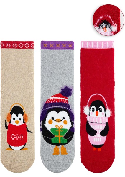 3lü Penguen Kaydırmaz Havlu Çocuk Çorap