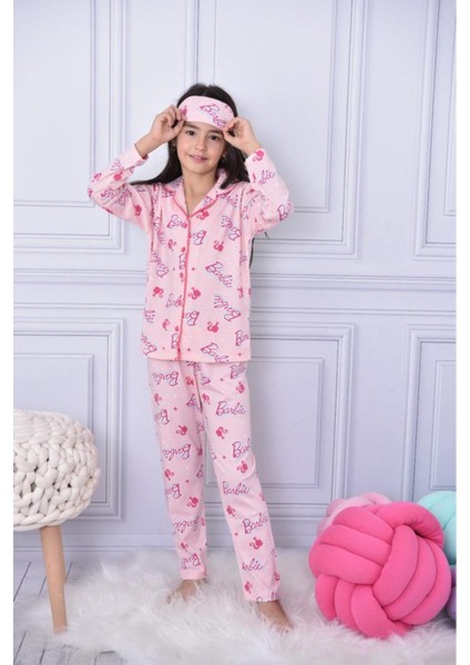 Lolliboom Kids Lolli Boom Kids Yeni Sezon Kız Çocuk Düğmeli Pijama Takımı Oyuncak Bebek Baskılı Göz Bandı Dahil