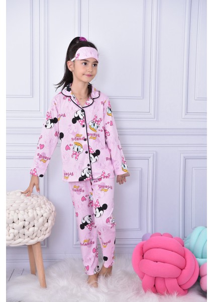 Yeni Sezon Kız Çocuk Düğmeli Pijama Takımı Mickey & Daisy Friends Baskılı Göz Bandı Dahil