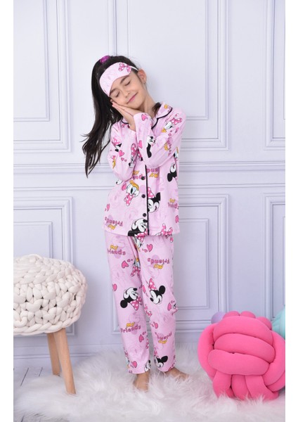 Yeni Sezon Kız Çocuk Düğmeli Pijama Takımı Mickey & Daisy Friends Baskılı Göz Bandı Dahil