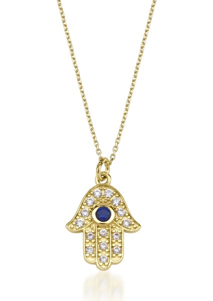 Kairos Jewelry 14 Ayar Diamond & Sapphire Hamsa Evil Eye Altın Kolye KRS-N11-14GN