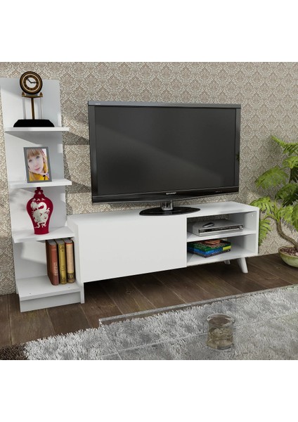 Aden Home Beyaz  Mdf Tv Ünitesi, Kitaplıklı Raflı Tv Sehpa Ünitesi, Beyaz Tv Ünitesi Konsol, TVU78