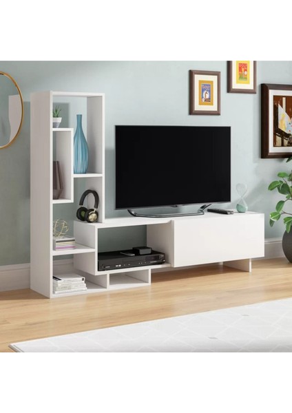 Mordor Modern Tv Ünitesi, Dolaplı Tv Sehpası, Kitaplıklı Raflı Tv Ünitesi, Beyaz, %100 Mdf, TVU19