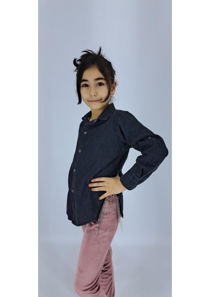 Mavi Siyah Kız Çocuk Gömlek Jeans Uzun Kol