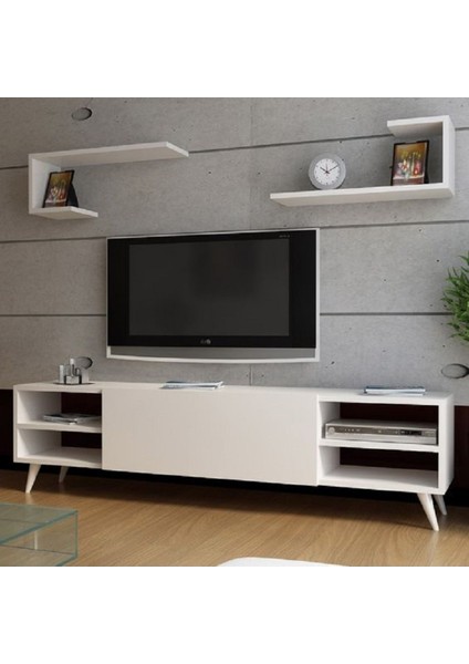 Harvey Modern Tv Ünitesi, Kitaplıklı Raflı Tv Ünitesi, Beyaz Tasarım Ayaklı %100 Mdf, TVU08