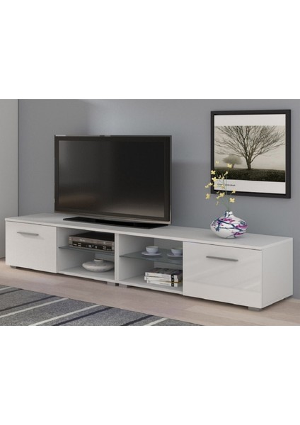 Fring Modern Tv Ünitesi, 2 Kapaklı Bölmeli Cam Raflı Tv Ünitesi, 180CM %100 Mdf, TVU04