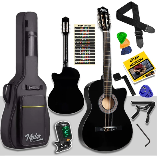 Midex CG390BK-XBAG Siyah Klasik Gitar 4/4 Sap Ayarlı Kesik Kasa Full Set (Çanta Tuner Askı Capo Metod Pena)