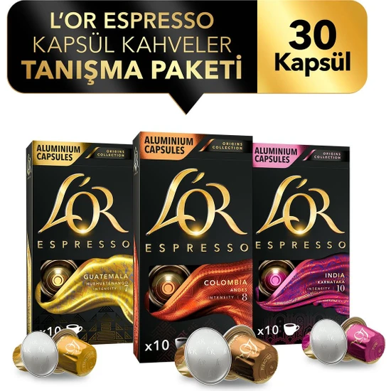 L'or Espresso Origin India - Colombia - Guatemala 3'lü Tanışma Paketi 30 Kapsül