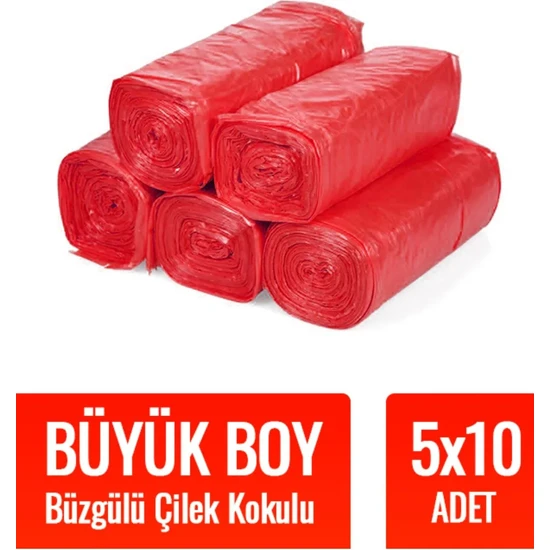 Naft Büzgülü Büyük Boy Çilek Kokulu Çöp Torbası 10'lu 5 Rulo 65 x 70 cm Çöp Poşeti