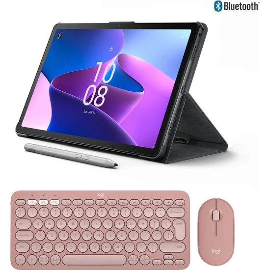 Lenovo Tab M10 Plus (3rd Gen) TB128FU 10.6 4gb + 128GB Wifi + Bluetooth Tablet ZAAS0034TR + Logitech Pebble 2 Kablosuz Klavye Mouse Seti Pembe