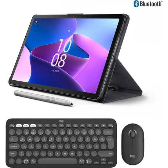 Lenovo Tab M10 Plus (3rd Gen) TB128FU 10.6 4gb + 128GB Wifi + Bluetooth Tablet ZAAS0034TR + Logitech Pebble 2 Kablosuz Klavye Mouse Seti Grafit