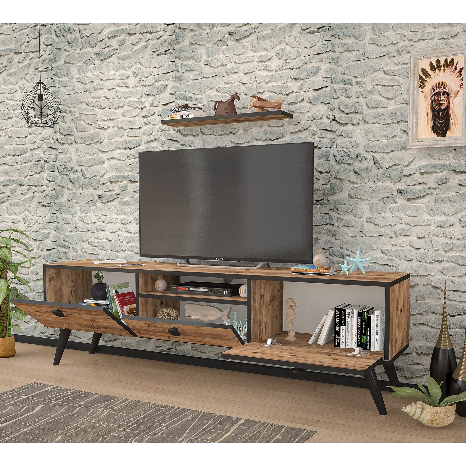 Ankara Mobilya Penta Atlantik Çam Siyah Tv Sehpası 160 cm