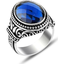 Takılingo Mavi Kesme Zirkon Taşlı Kral Taçı Model Gümüş Erkek Yüzük