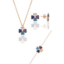 Söğütlü Silver Gümüş Rose Mineli Yonca Modeli Üçlü Set