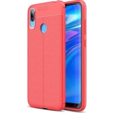 Tekno Grup Huawei Y7 2019 Kılıf Ultra Korumalı Deri Desenli Lüx Niss Silikon Kılıf + Cam Ekran Koruyucu Kırmızı