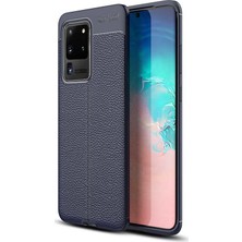 Tekno Grup Samsung Galaxy S20 Ultra Kılıf Ultra Korumalı Deri Desenli Lüx Niss Silikon Kılıf + Tam Kaplayan 3D Cam Ekran Koruyucu Lacivert