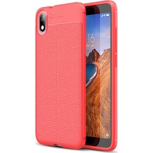 Tekno Grup Xiaomi Redmi 7A Kılıf Ultra Korumalı Deri Desenli Lüx Niss Silikon Kılıf + Cam Ekran Koruyucu Kırmızı