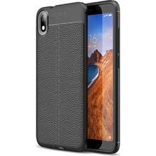 Tekno Grup Xiaomi Redmi 7A Kılıf Ultra Korumalı Deri Desenli Lüx Niss Silikon Kılıf + Tam Kaplayan 6d Nano Ekran Koruyucu Siyah