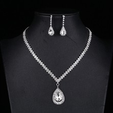 Chavin Düğün Nişan Kına Damla Taşlı Kadın Kolye Küpe Set EH93