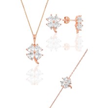 Söğütlü Silver Gümüş Rose Zirkon Taşlı Yonca Modeli Üçlü Set