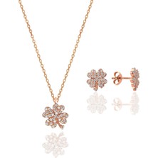 Söğütlü Silver Gümüş Rose Zirkon Taşlı Yonca Kolye ve Küpe Gümüş Ikili Set