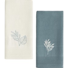 Upline 2'li Tea Towel Yaprak Nakışlı Yeşil & Bej 50 x 70 cm Kurulama Bezi Seti