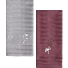 Upline 2'li Tea Towel Yıldız Nakışlı Bordo & Gri 50 x 70 cm Kurulama Bezi Seti