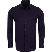 MAKROM Lacivert Erkek Gömlek Yaka Slim ve Regular Fit Pamuklu Dokuma Uzun Kollu Gömlek