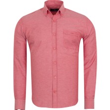 MAKROM Kırmızı Erkek Düğmeli Yaka Cepli Slim ve Regular Fit Pamuklu Dokuma Uzun Kollu Gömlek