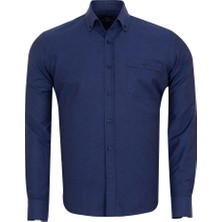 MAKROM Lacivert Erkek Düğmeli Yaka Cepli Slim ve Regular Fit Pamuklu Dokuma Uzun Kollu Gömlek