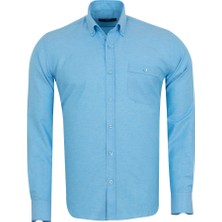 MAKROM Turkuaz Erkek Düğmeli Yaka Cepli Slim ve Regular Fit Pamuklu Dokuma Uzun Kollu Gömlek