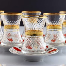 Paşabahçe 12 Parça Çay Takımı Porselen Tabaklı Altın Yaldızlı