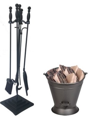 Kocherhome Şömine Aksesuar Seti  Döküm Maşa Takımı ve Odun Kovası Sepeti