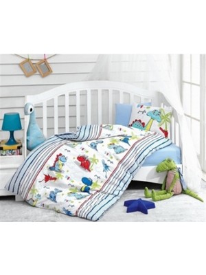 Cotton Box %100 Pamuk Flanel Mavi Dinozor Desenli Bebek Nevresim Takımı - Yumuşak Bebek Odası Seti -4 Parça