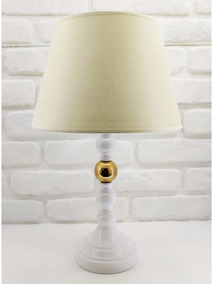 365gunserisonu Beyaz  Rustik Gold Renk Toplu Metal Ayaklı  30'luk Açık Krem Kumaş Şapkalı  Abajur Masa Lambası