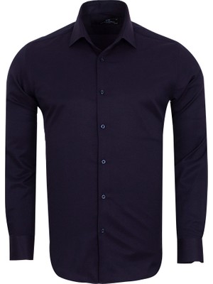 MAKROM Lacivert Erkek Gömlek Yaka Slim ve Regular Fit Pamuklu Dokuma Uzun Kollu Gömlek