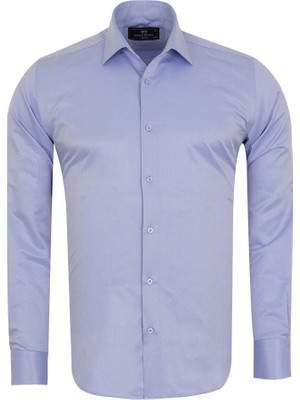MAKROM Mavi Erkek Gömlek Yaka Slim ve Regular Fit Pamuklu Dokuma Uzun Kollu Gömlek